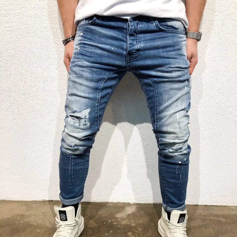 Men's Zippered Ripped Knee Slim Fit Motorcycle Jeans