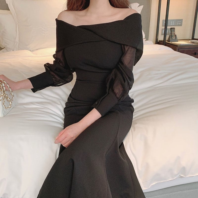 Off-the-Shoulder Bubble Sleeve Fishtail Dress for Women