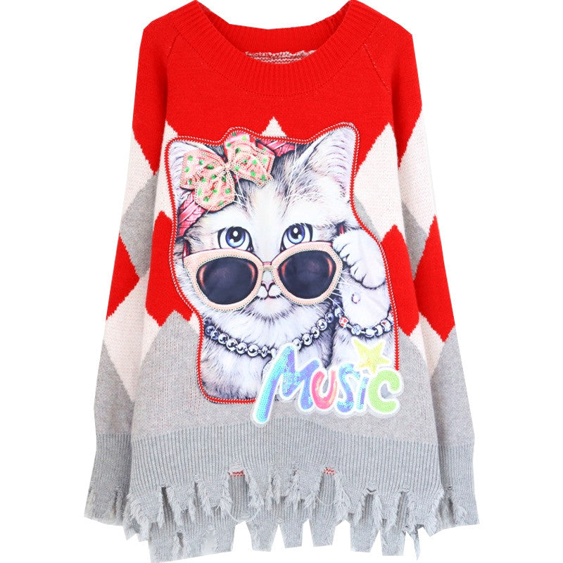 Autumn Cat Sequin Knit Sweater - Loose Fit, Casual