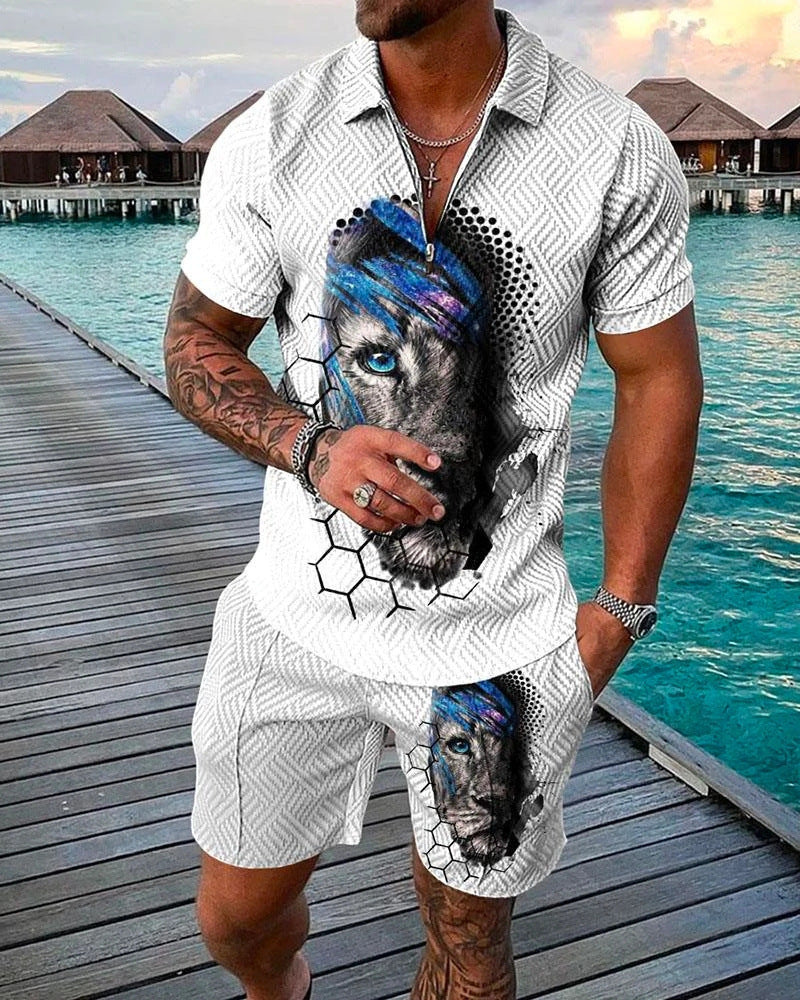 Men's Casual 3D Printed Polo Shirt and Shorts Set