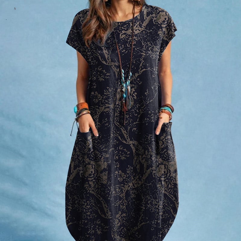 Women's Cotton Linen Plant Print Round Neck Casual Dress