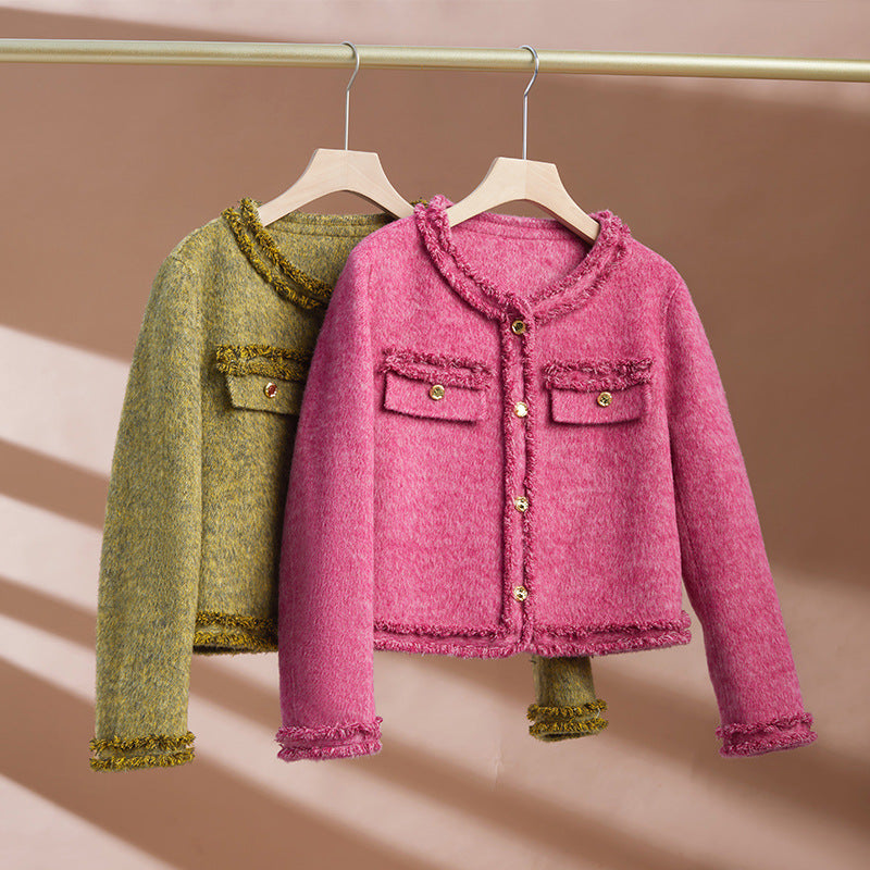 Women’s Splicing Woolen Long-Sleeved Cardigan Coat