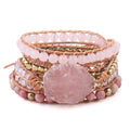 Natural Pink Quartz and Wood Stone Multi-Layer Bracelet