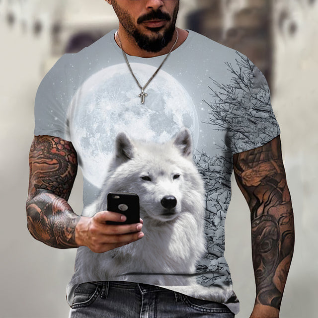 Men's Casual Short Sleeve T-Shirt with Wolf Pattern
