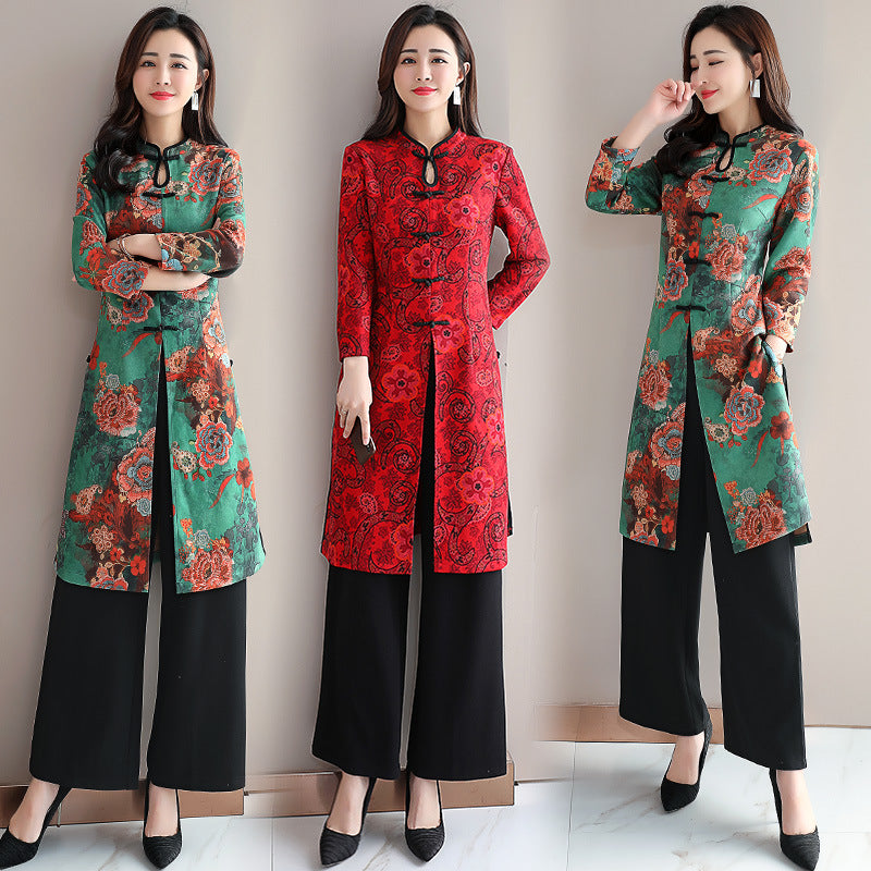 Chinese Style Improved Ao Dai Dress with Wide Leg Pants Set
