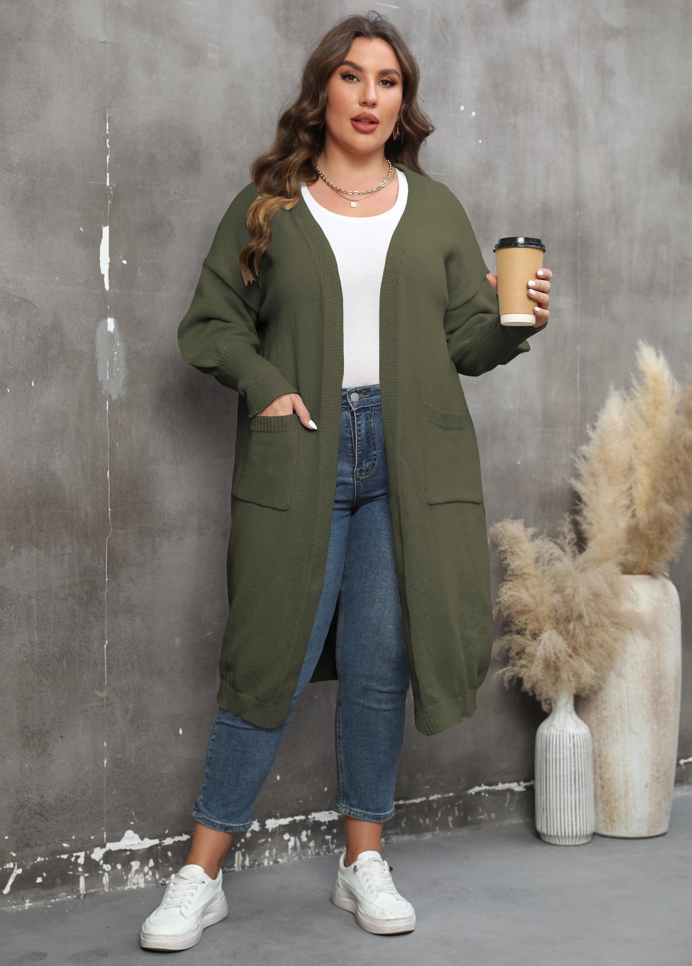 Large Loose Mid-Length Woven Sweater Coat with Pockets