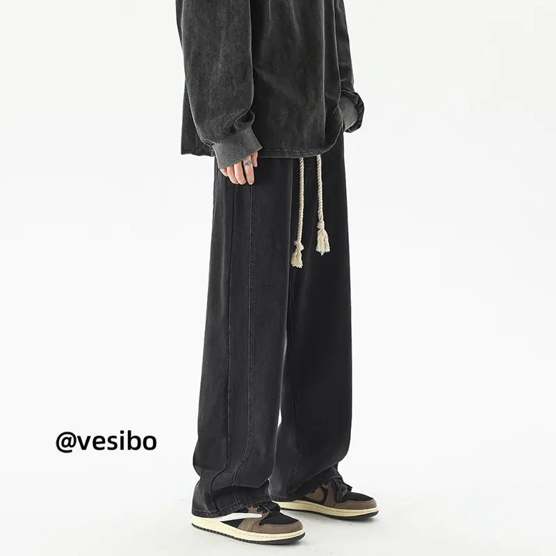 Men's Black Loose Fit Wide Leg Denim Pants