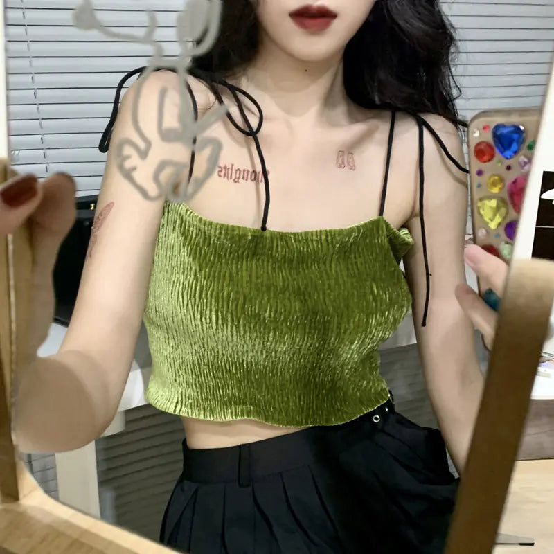 Versatile Velvet Crop Tank Top with Straps