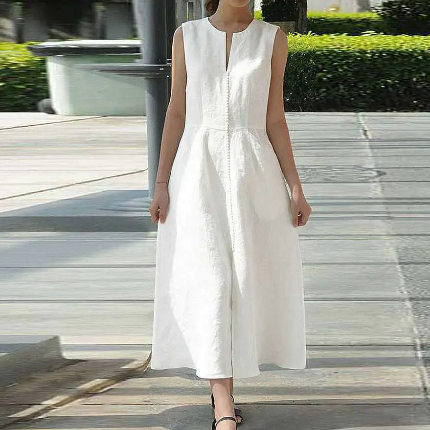 V-Neck Belted Cotton Dress with Side Slits (Sleeveless)