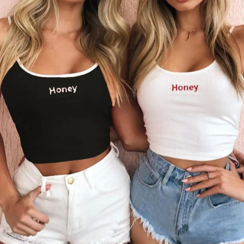 Letter Embroidered Crop Top with Spaghetti Straps