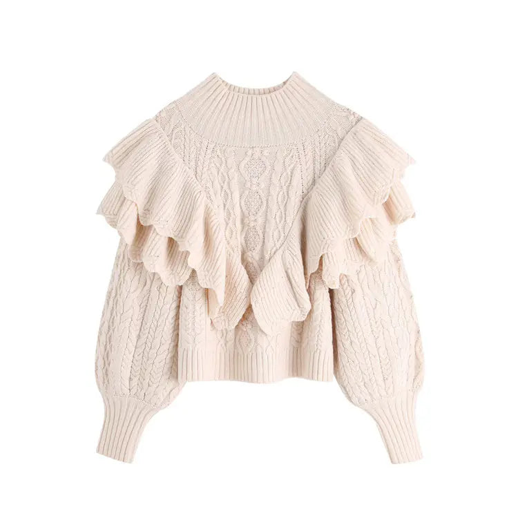 Women's Vintage Layered Ruffle Sweater with High Collar