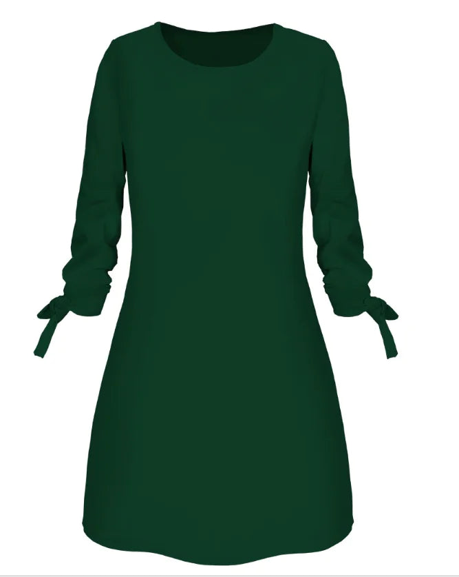 Solid Color Casual O-Neck Dress with Tie Detail