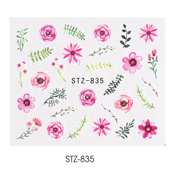 Nail Water Stickers - Green Leaf Rose Design