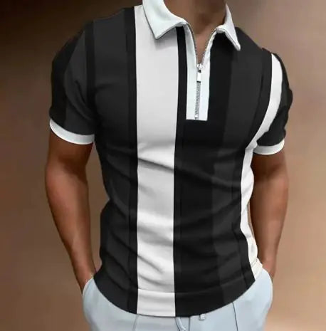 Men’s Striped Short-Sleeve Polo Shirt with Zipper Lapel – Slim Fit