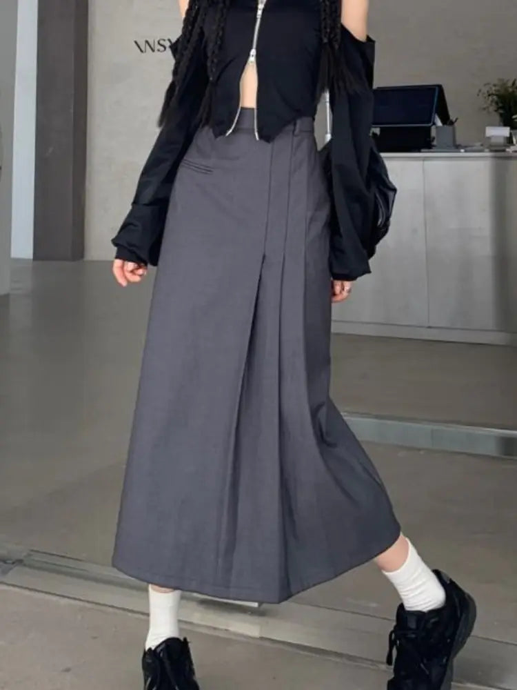 Retro Y2K Splicing Pleated Long Skirt for Women