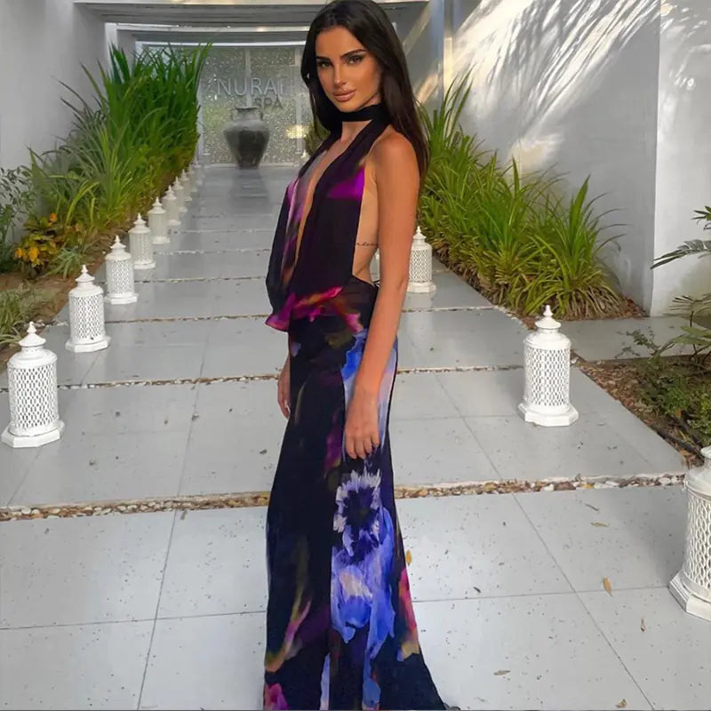 Sexy Purple Print Backless Long Dress for Women