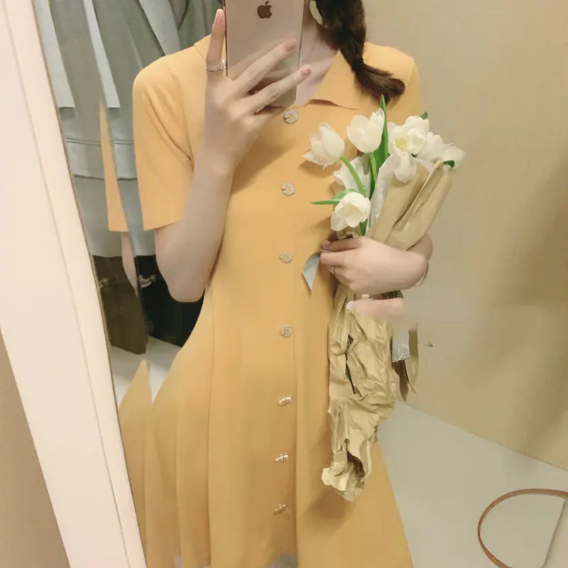 Vintage Plain Short Sleeve Knit Dress for Women