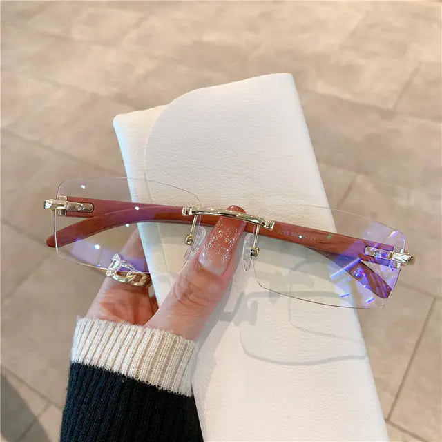 Frameless Wood Grain Retro Sunglasses UV400 for Travel