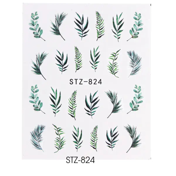 Nail Water Stickers - Green Leaf Rose Design