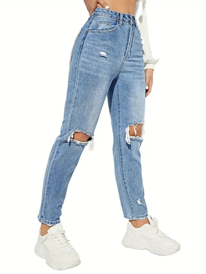 High Rise Ripped Knee Slim Fit Women's Denim Jeans