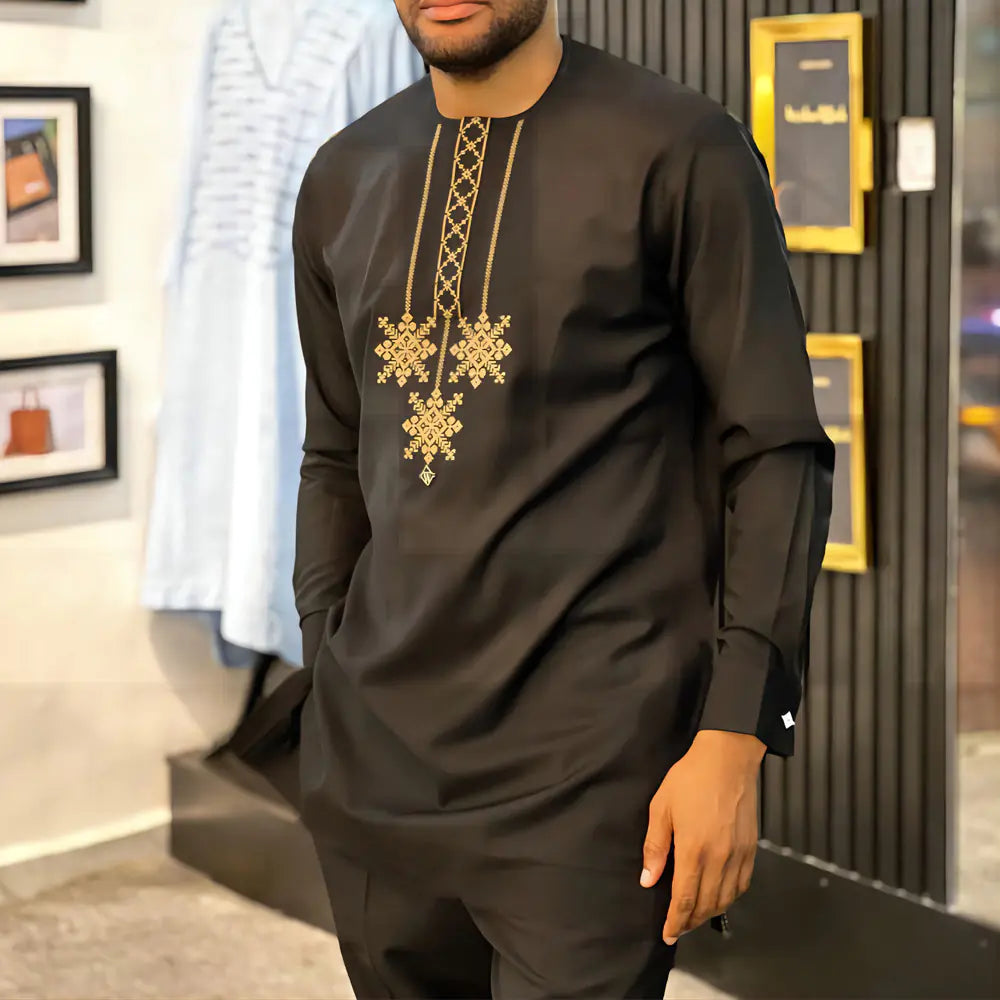Men's Embroidered Shirt and Drawstring Pants Set