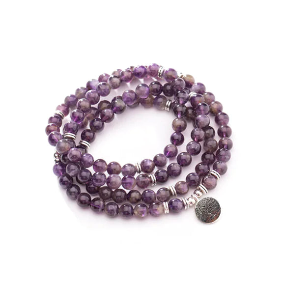 Natural 108 Bead Amethyst Bracelet with Lotus Pendant
