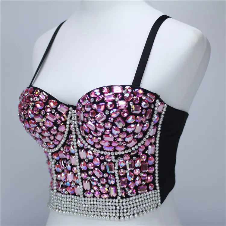 Beaded Crop Top with Rhinestone Straps