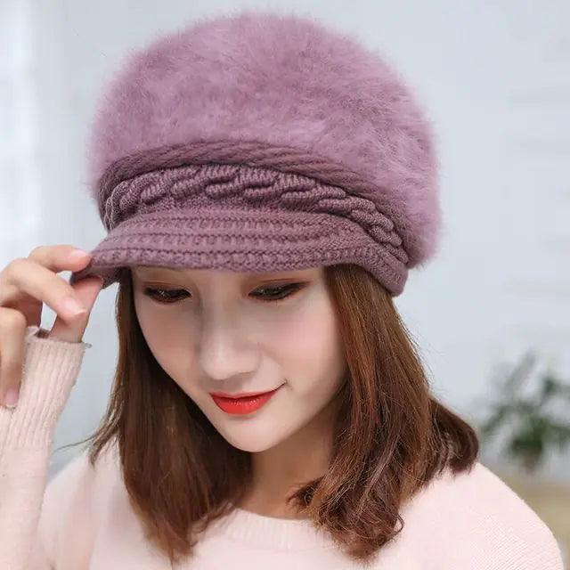 Winter Knitted Hooded Cap with Rabbit Fur for Women