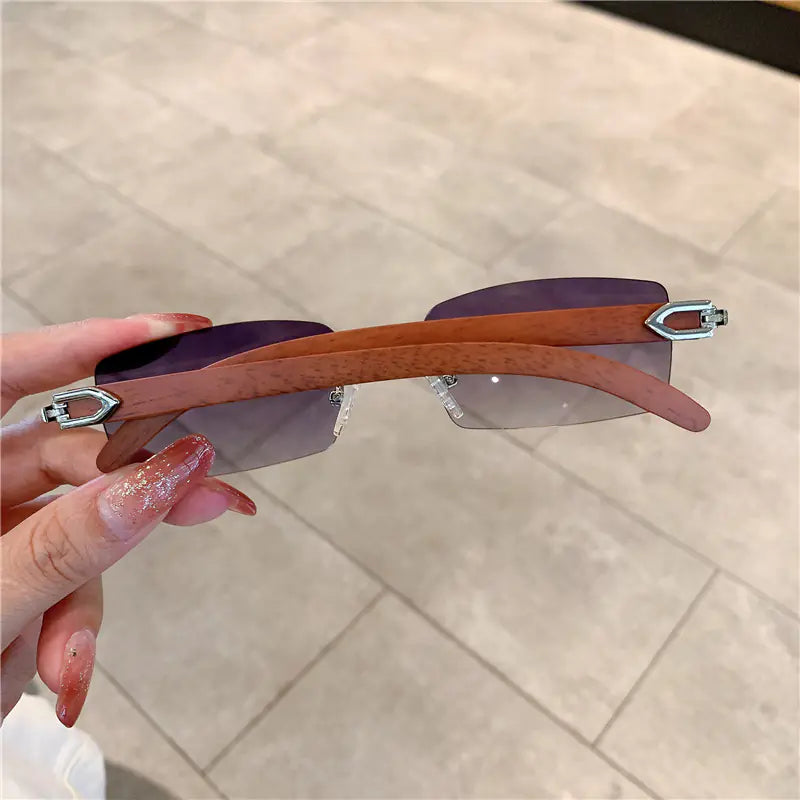 Frameless Wood Grain Retro Sunglasses UV400 for Travel