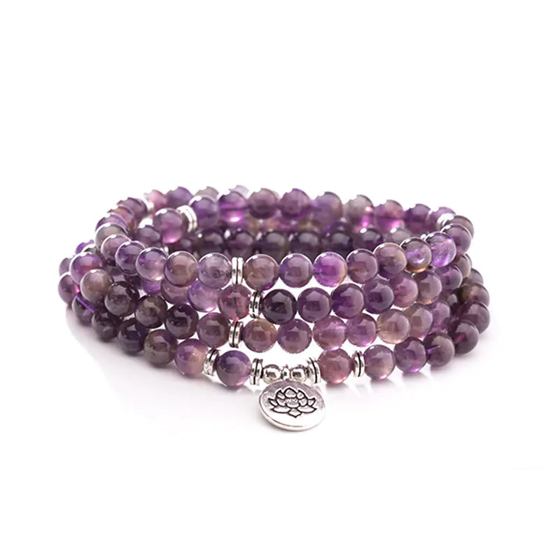 Natural 108 Bead Amethyst Bracelet with Lotus Pendant
