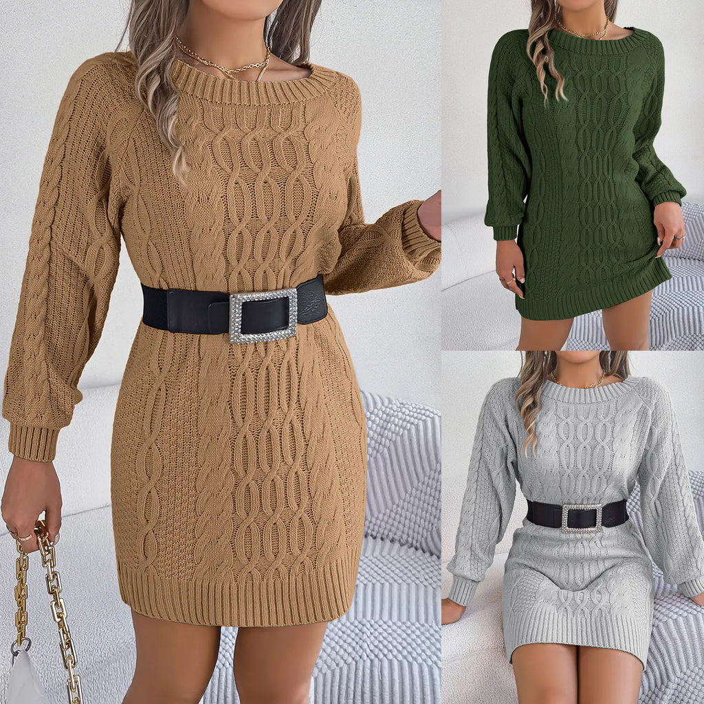 Solid Color Twist Lantern Sleeve Woolen Skirt