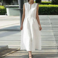 V-Neck Belted Cotton Dress with Side Slits (Sleeveless)