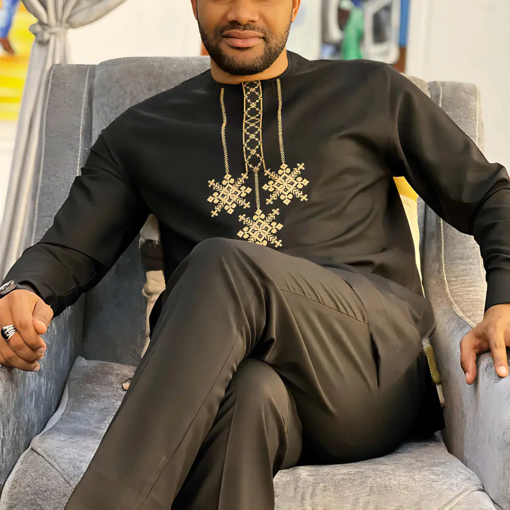 Men's Embroidered Shirt and Drawstring Pants Set