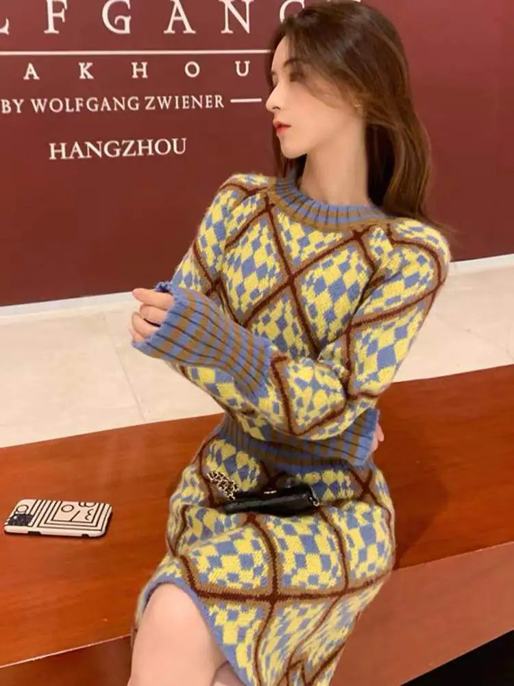 Women's Autumn Winter French Waist Skirt Knitting Dress