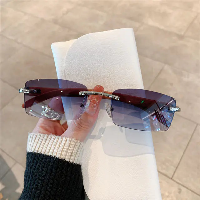 Frameless Wood Grain Retro Sunglasses UV400 for Travel