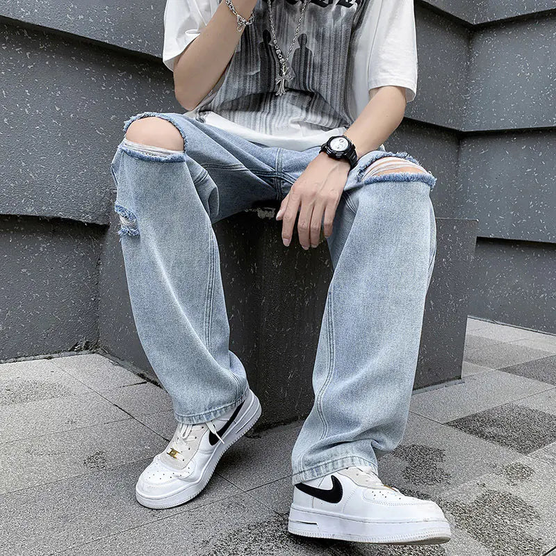 Men's Casual Loose Fit Denim Blue Wide Leg Pants