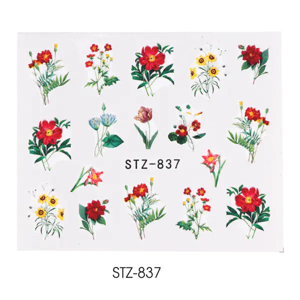Nail Water Stickers - Green Leaf Rose Design