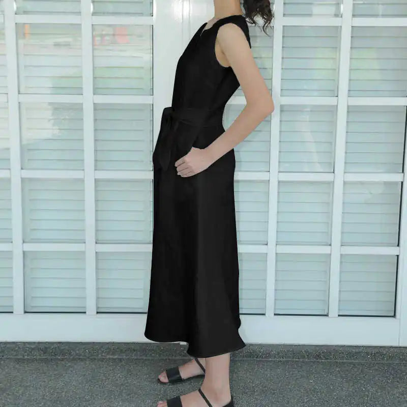 V-Neck Belted Cotton Dress with Side Slits (Sleeveless)