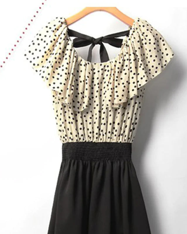 Polka Dot Chiffon Dress - Faux Two-Piece Design