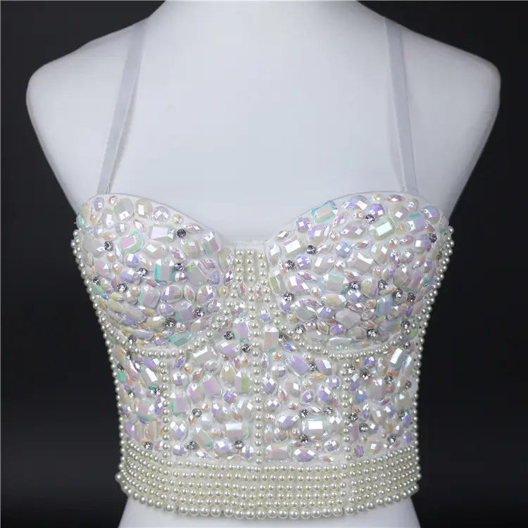 Beaded Crop Top with Rhinestone Straps
