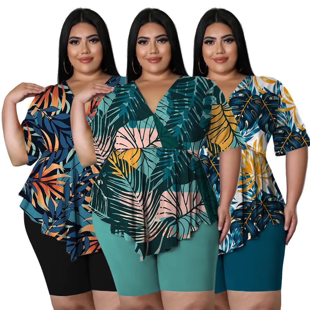 Large Women's Print Two-Piece T-Shirt and Shorts Set