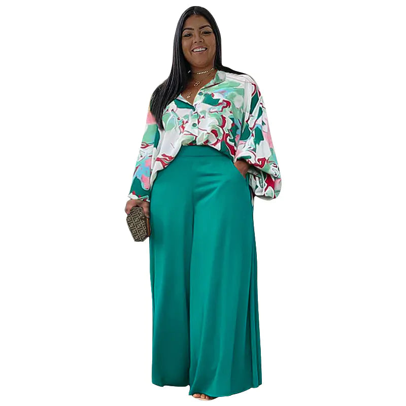 Casual Printed Shirt and Wide-leg Pants Set for Women