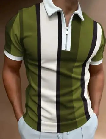 Men’s Striped Short-Sleeve Polo Shirt with Zipper Lapel – Slim Fit