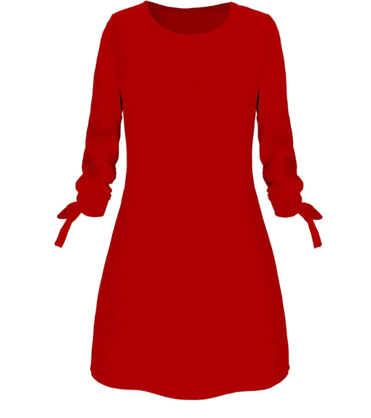 Solid Color Casual O-Neck Dress with Tie Detail