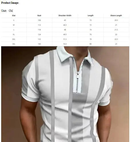 Men’s Striped Short-Sleeve Polo Shirt with Zipper Lapel – Slim Fit
