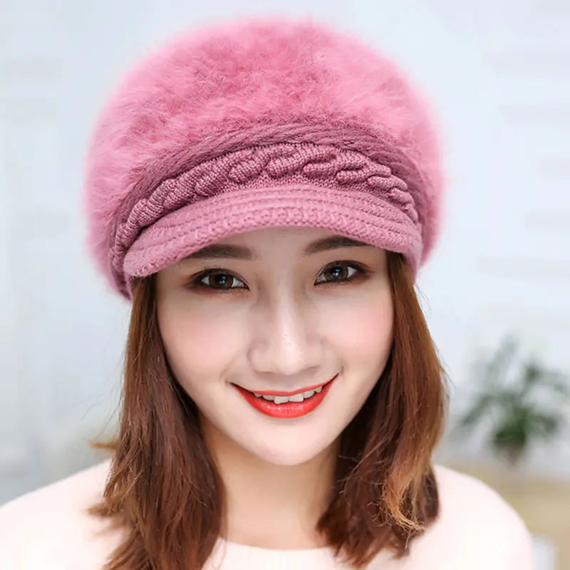 Winter Knitted Hooded Cap with Rabbit Fur for Women
