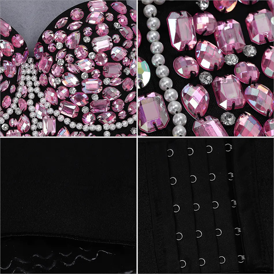 Beaded Crop Top with Rhinestone Straps