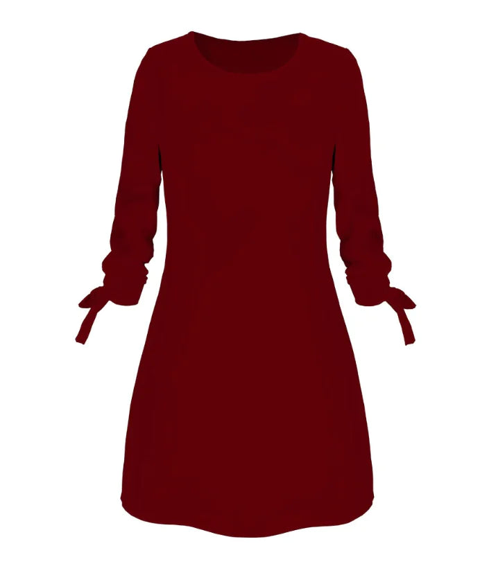 Solid Color Casual O-Neck Dress with Tie Detail