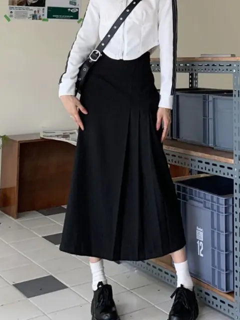 Retro Y2K Splicing Pleated Long Skirt for Women