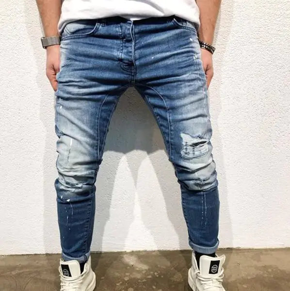 Men's Zippered Ripped Knee Slim Fit Motorcycle Jeans